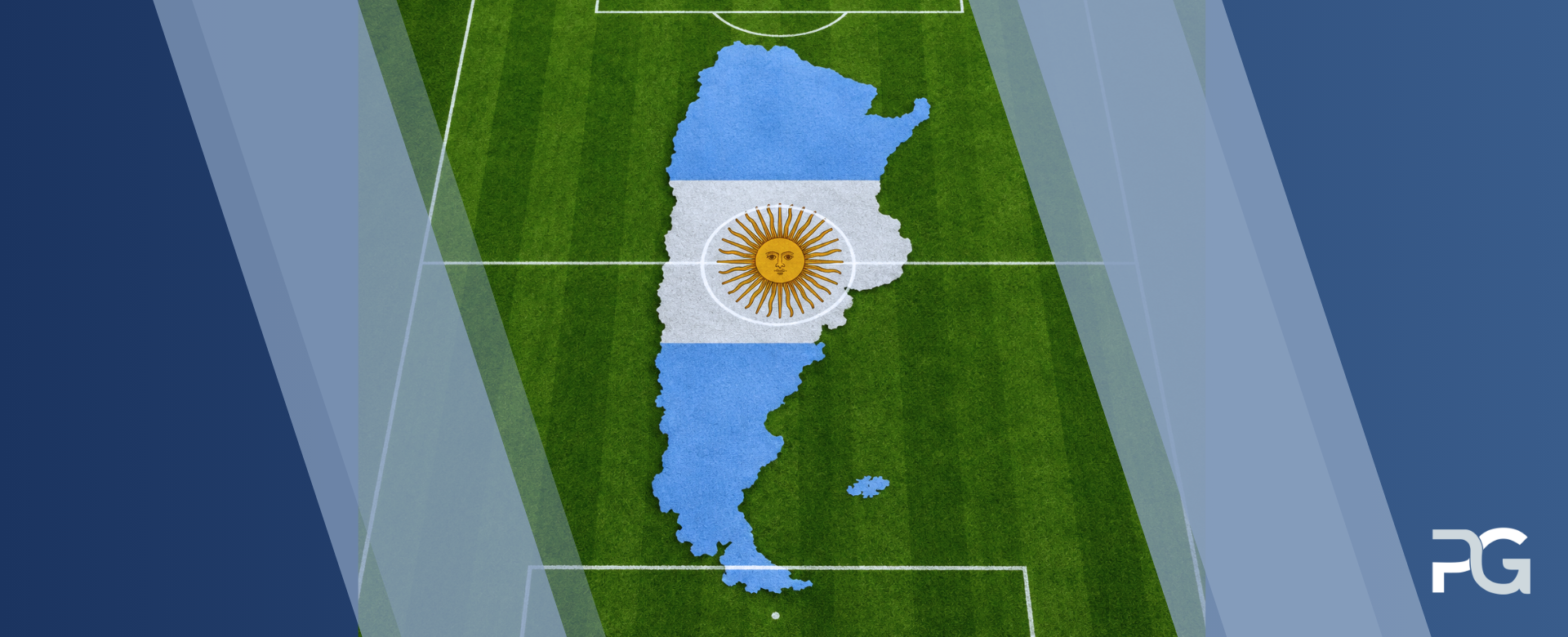 Argentina flag with the body shape of the country in soccer field.
