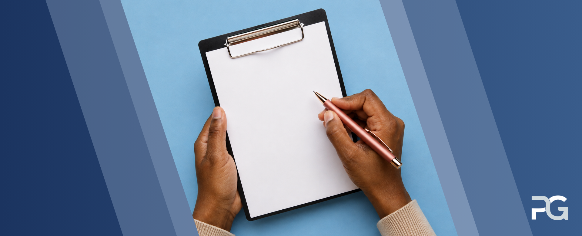 A person holding a clipboard with a blank sheet of paper and a pen poised to write